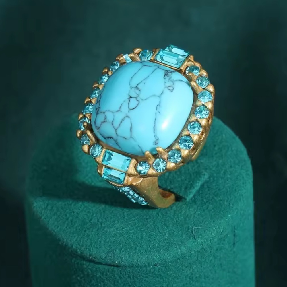 Antique Couture Turquoise Cocktail Ring 18K Gold Finish with Diamond-Style Halo